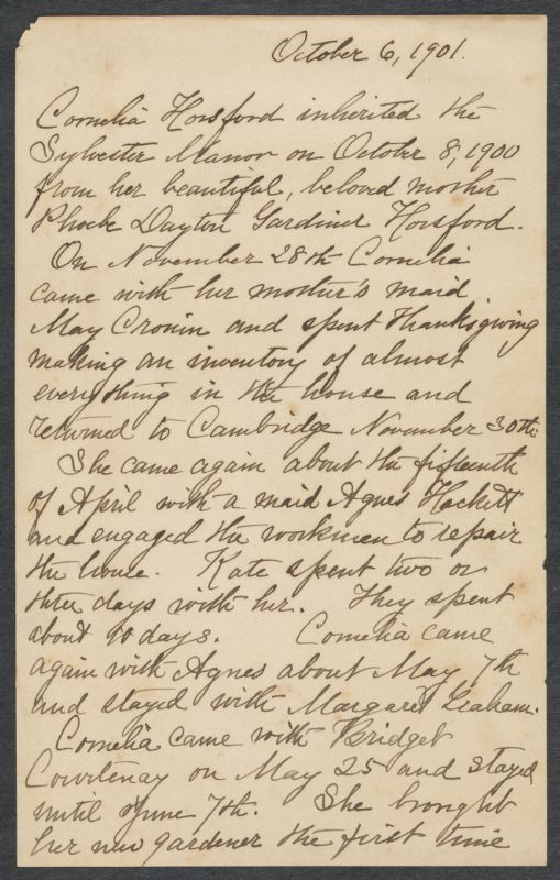 Note - "Cornelia Horsford's Activities at Sylvester Manor"